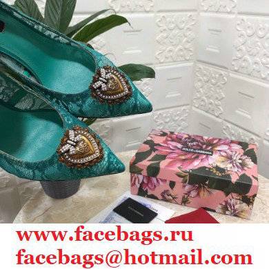 Dolce  &  Gabbana Heel 10.5cm Taormina Lace Pumps Green with Devotion Heart 2021